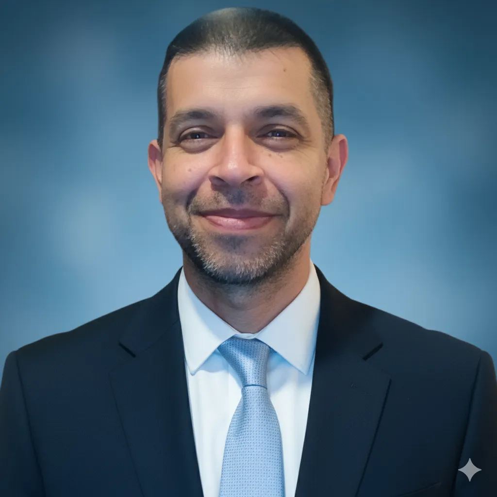 Professional portrait of a smiling man with short hair, wearing a dark suit, white shirt, and light blue tie, against a blue background.