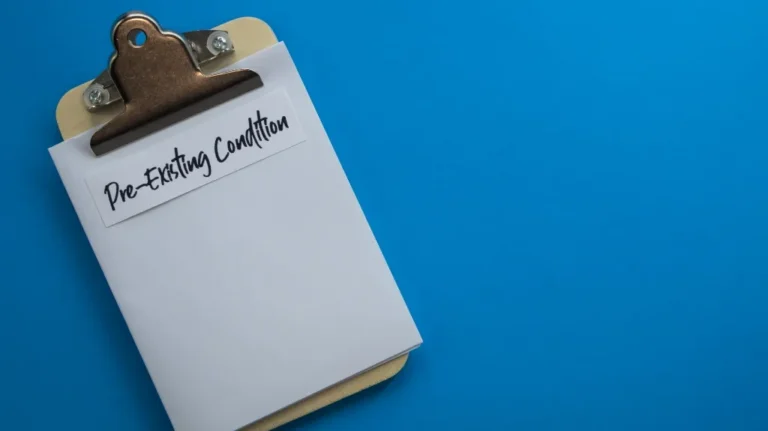 Clipboard with blank white paper and "Pre-Existing Condition" label on blue background.