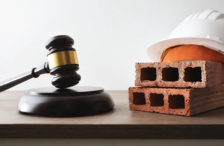 Gavel next to stacked red bricks and white construction helmet on wooden surface.
