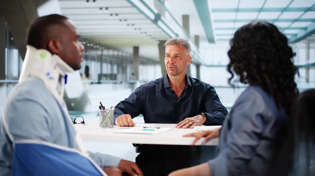 Three professionals engaged in a discussion at a white office table, one wearing a neck brace.