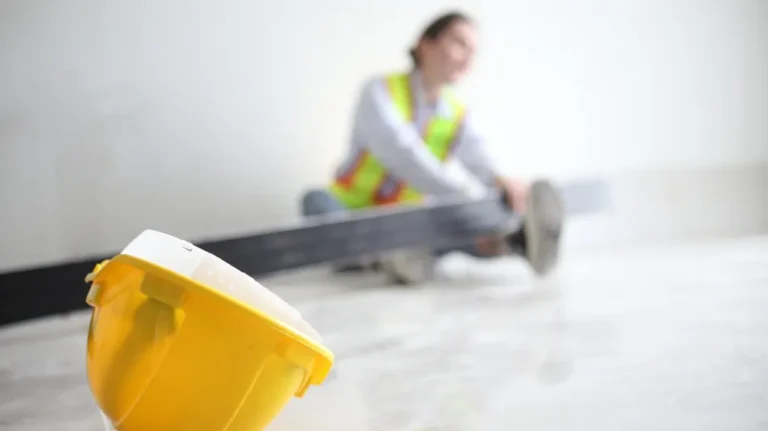 Yellow construction helmet in foreground with a blurred worker wearing a safety vest in the background.