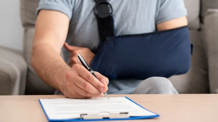 Man with arm in navy blue sling signing document on clipboard at light wooden table.