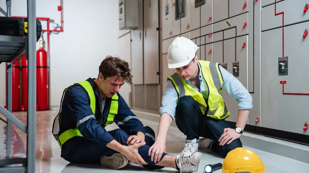 Two male workers in safety vests attending to an injured colleague's ankle in an industrial setting.