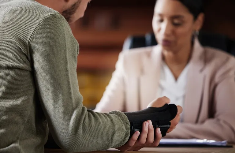 Man with wrist brace consulting female professional in beige blazer across desk.