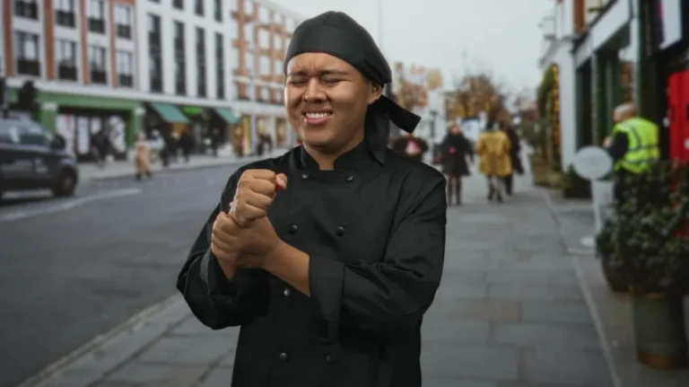 Chef in black uniform and headscarf grimacing while holding wrist on city street.