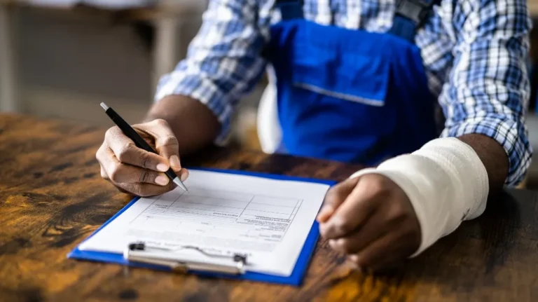 Person with a bandaged arm writing on a document attached to a blue clipboard.
