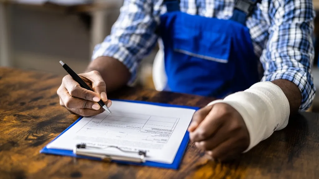 Person with a bandaged arm writing on a document attached to a blue clipboard.